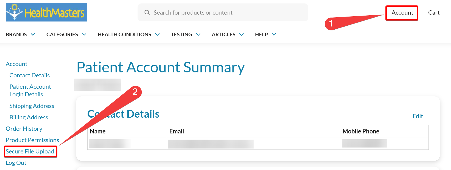 Secure File Upload found on the left side of your Patient Account page